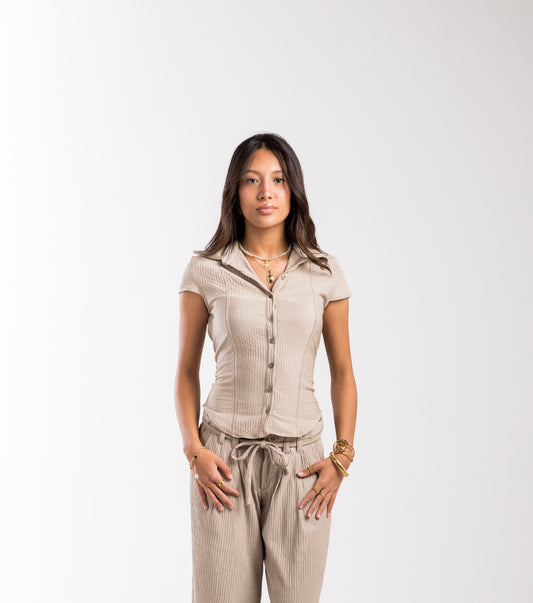 Beige Crinkled Bow Belle Fit Shirt
