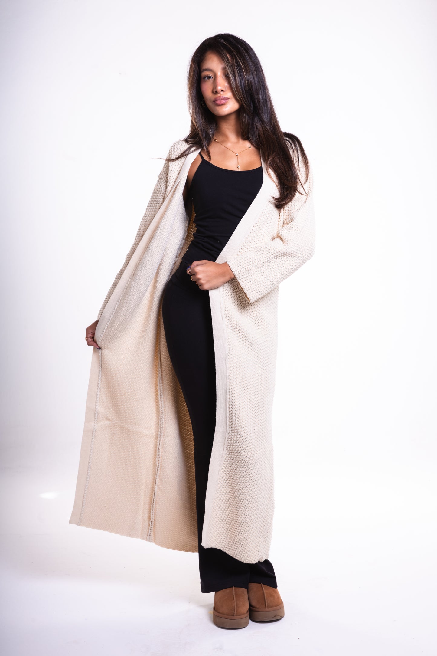 Beige Long Puffy Cardigan