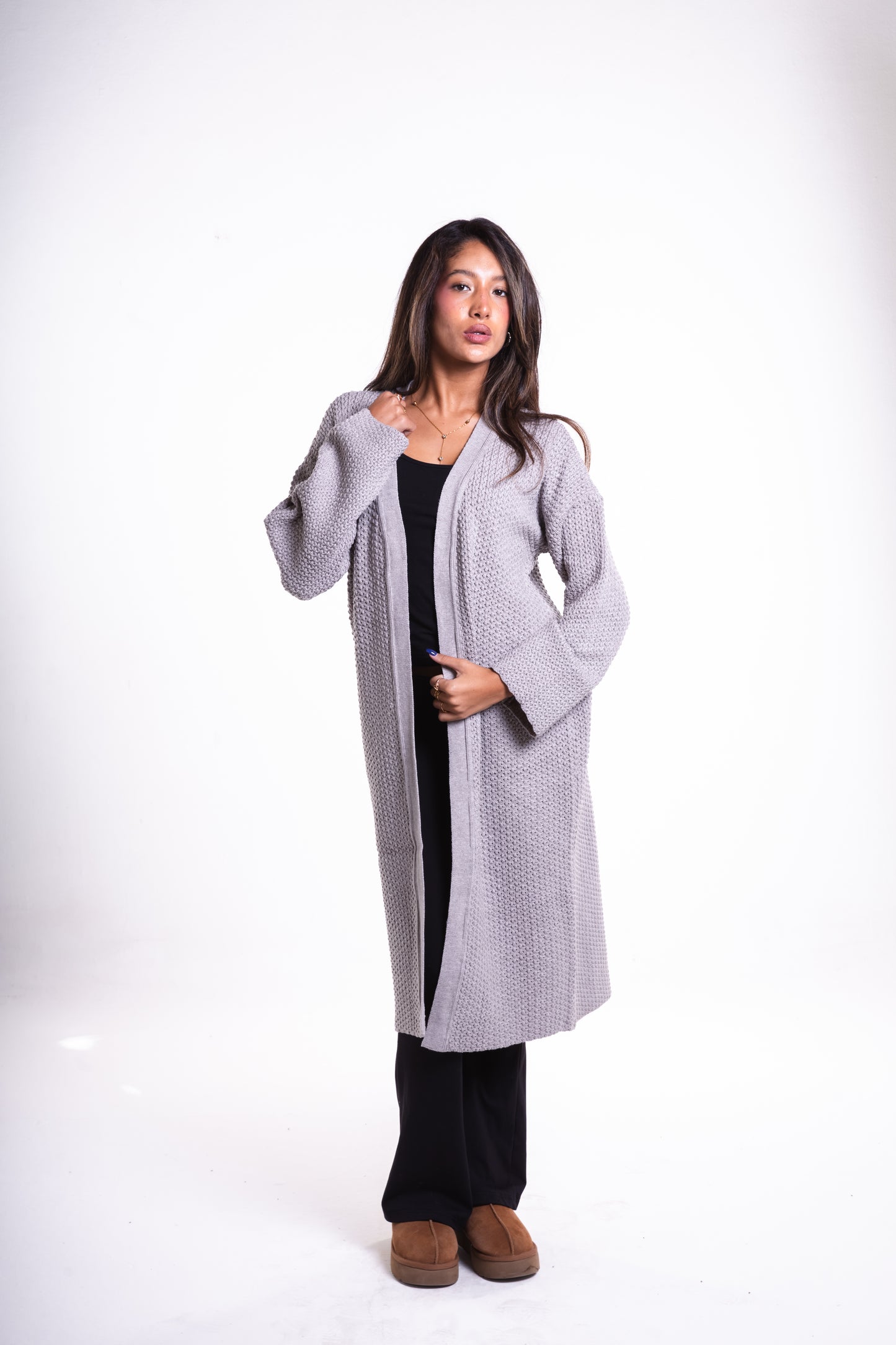 Grey Mid-Length Puffy Cardigan