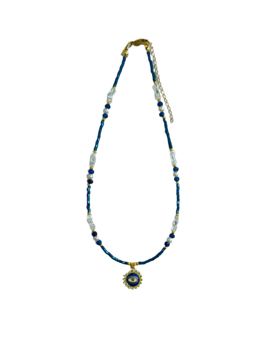 Navy Blue Beaded Evil Eye Choker