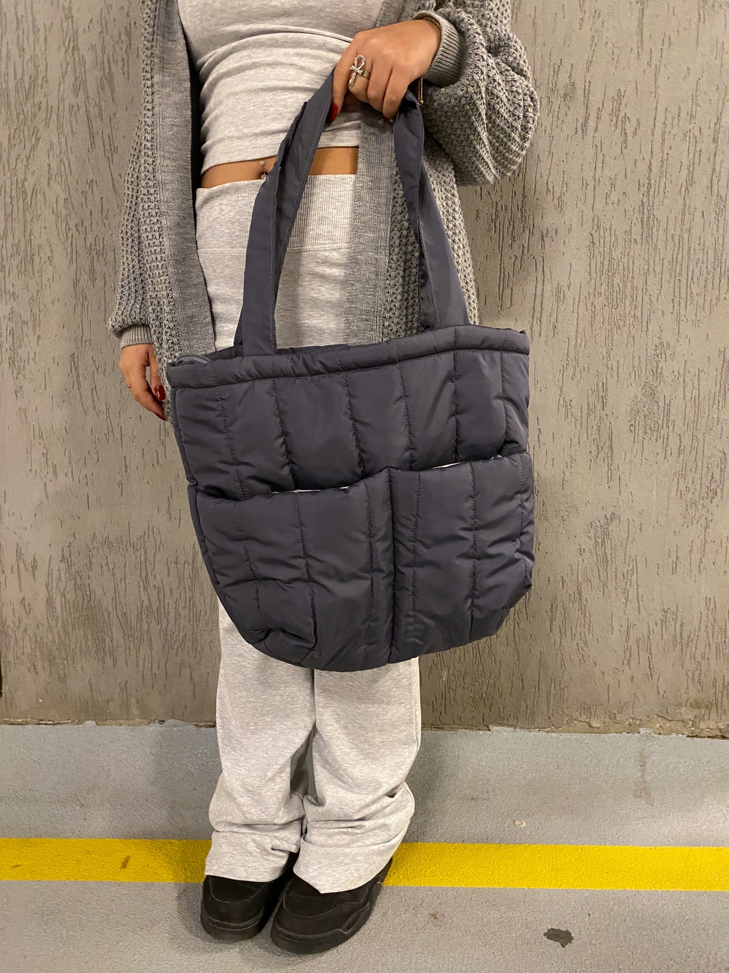 Dark Grey Puffer Bag (Pockets)