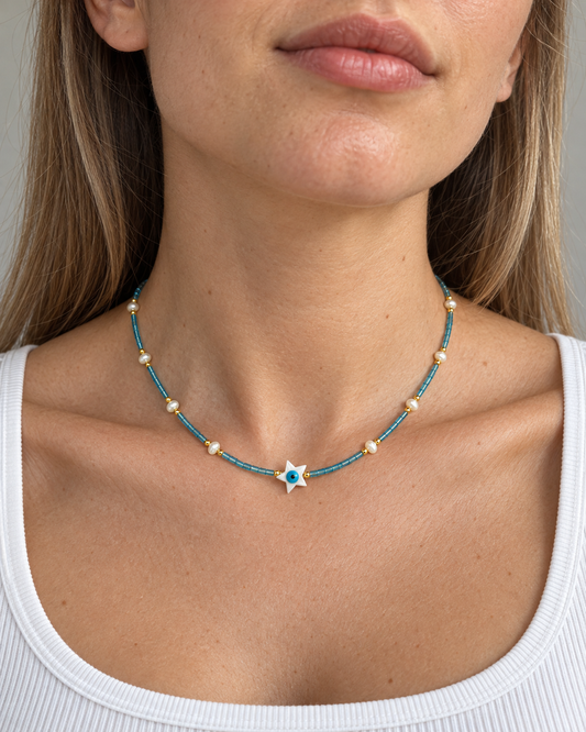 Blue Beaded Pearl & Star Eye Necklace