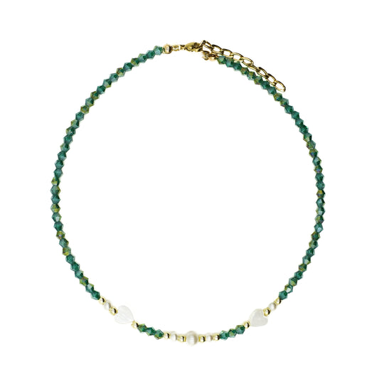 Green Beaded Choker with Heart Charms