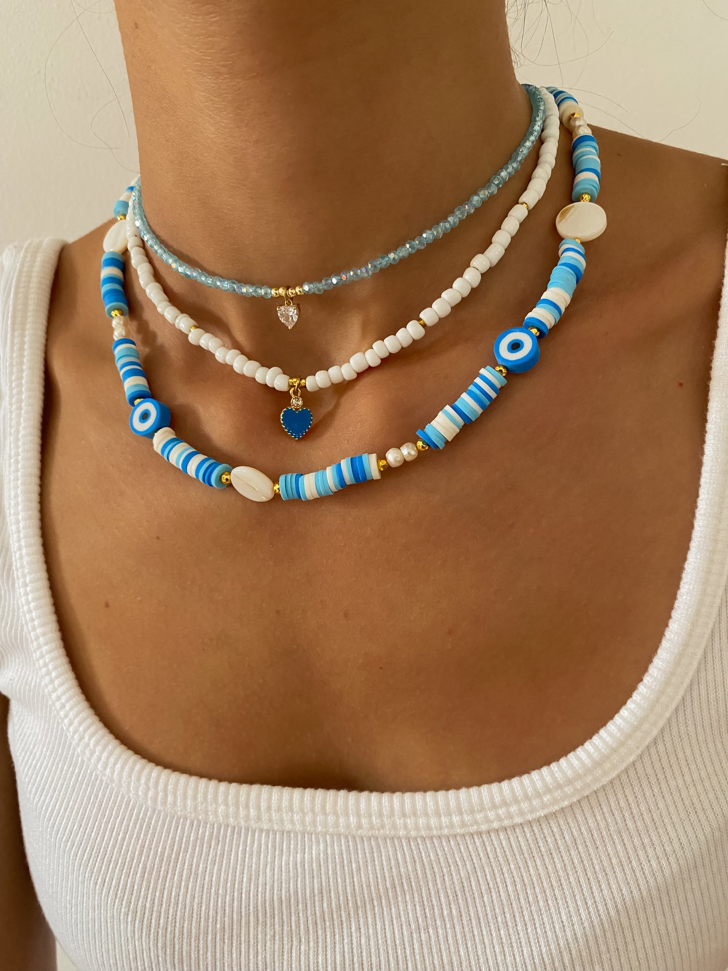 Blue and White Evil Eyes Beaded Choker