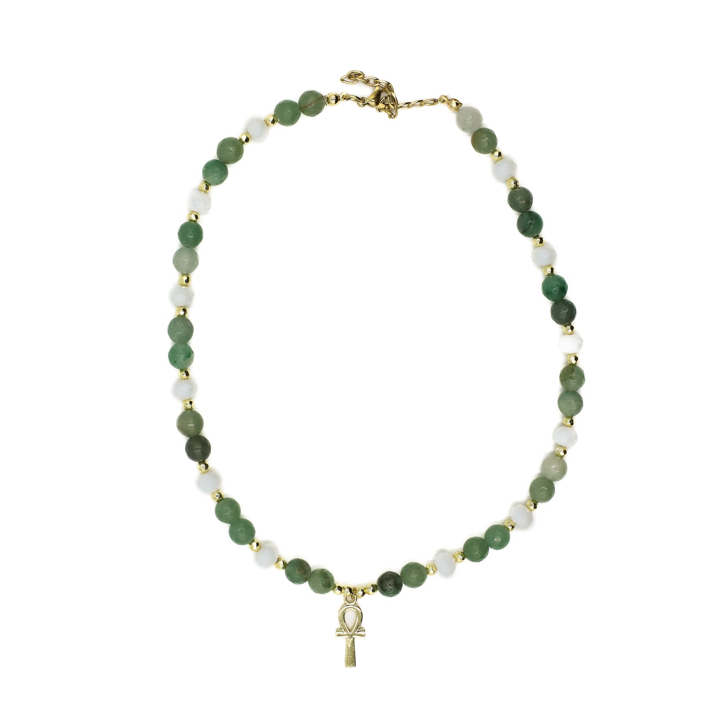 Green and White Beaded Key of Life Choker