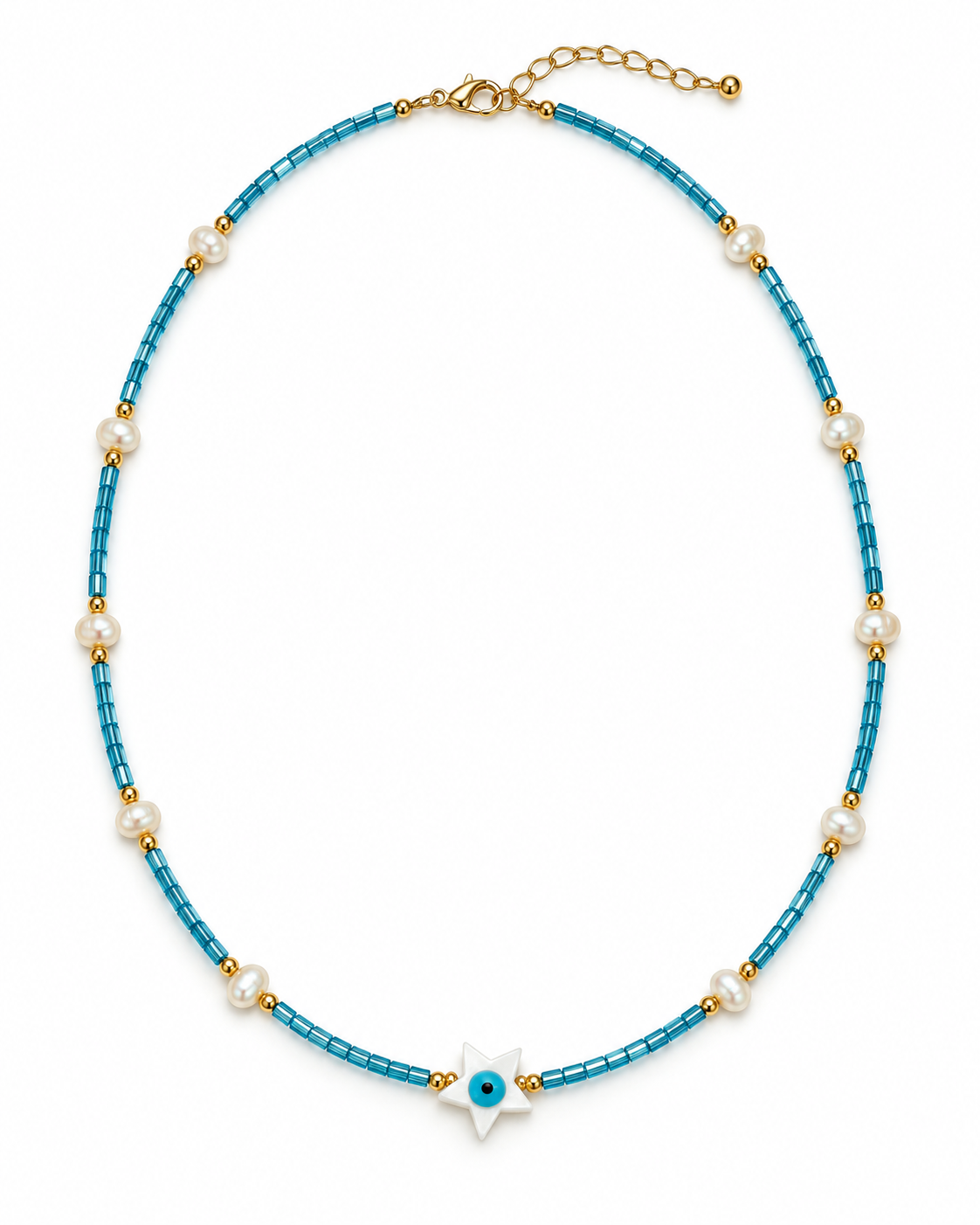 Blue Beaded Pearl & Star Eye Necklace