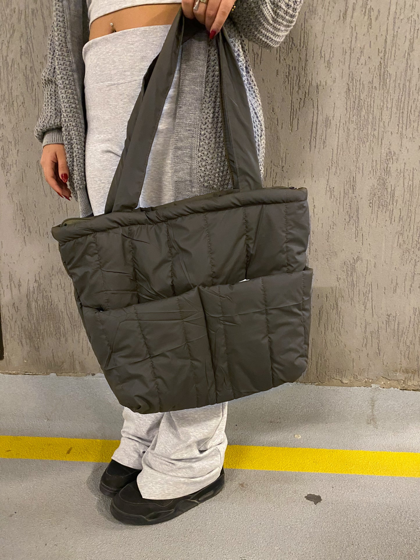 Grey-Brown Puffer Bag (Pockets)