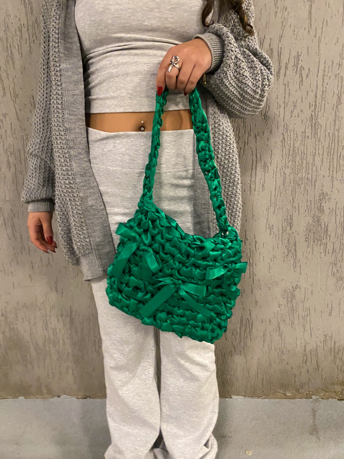 Green Satin Crochet Bag