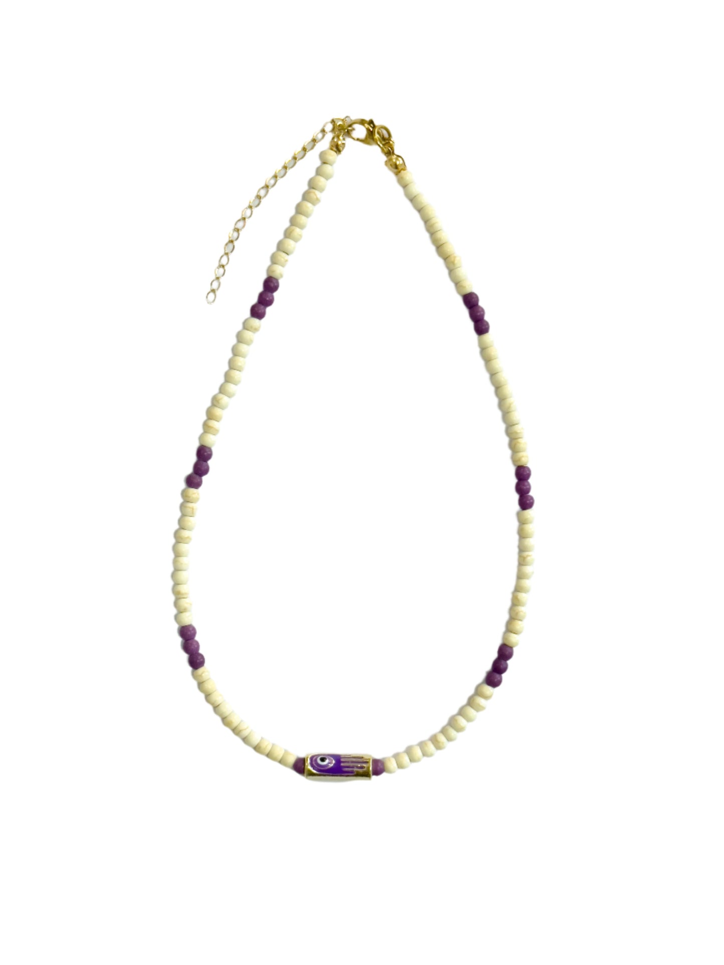 Cream Purple Beaded Evil Eye Choker