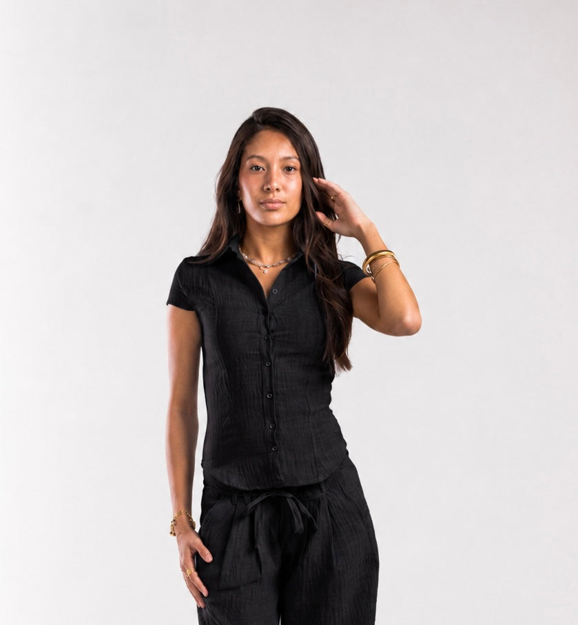 Black Linen Bow Belle Fit Shirt