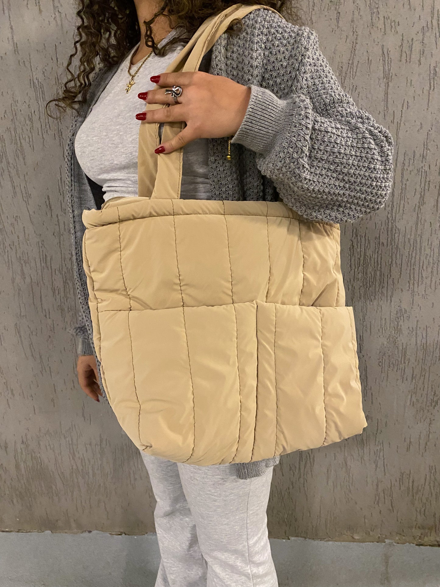 Beige Puffer Bag (Pockets)