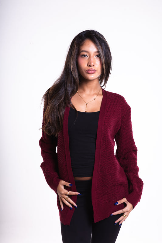 Burgundy Short Puffy Cardigan