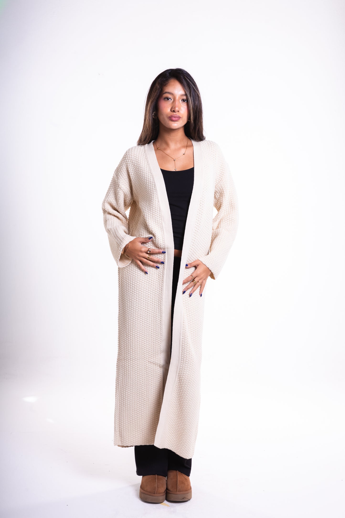 Beige Long Puffy Cardigan