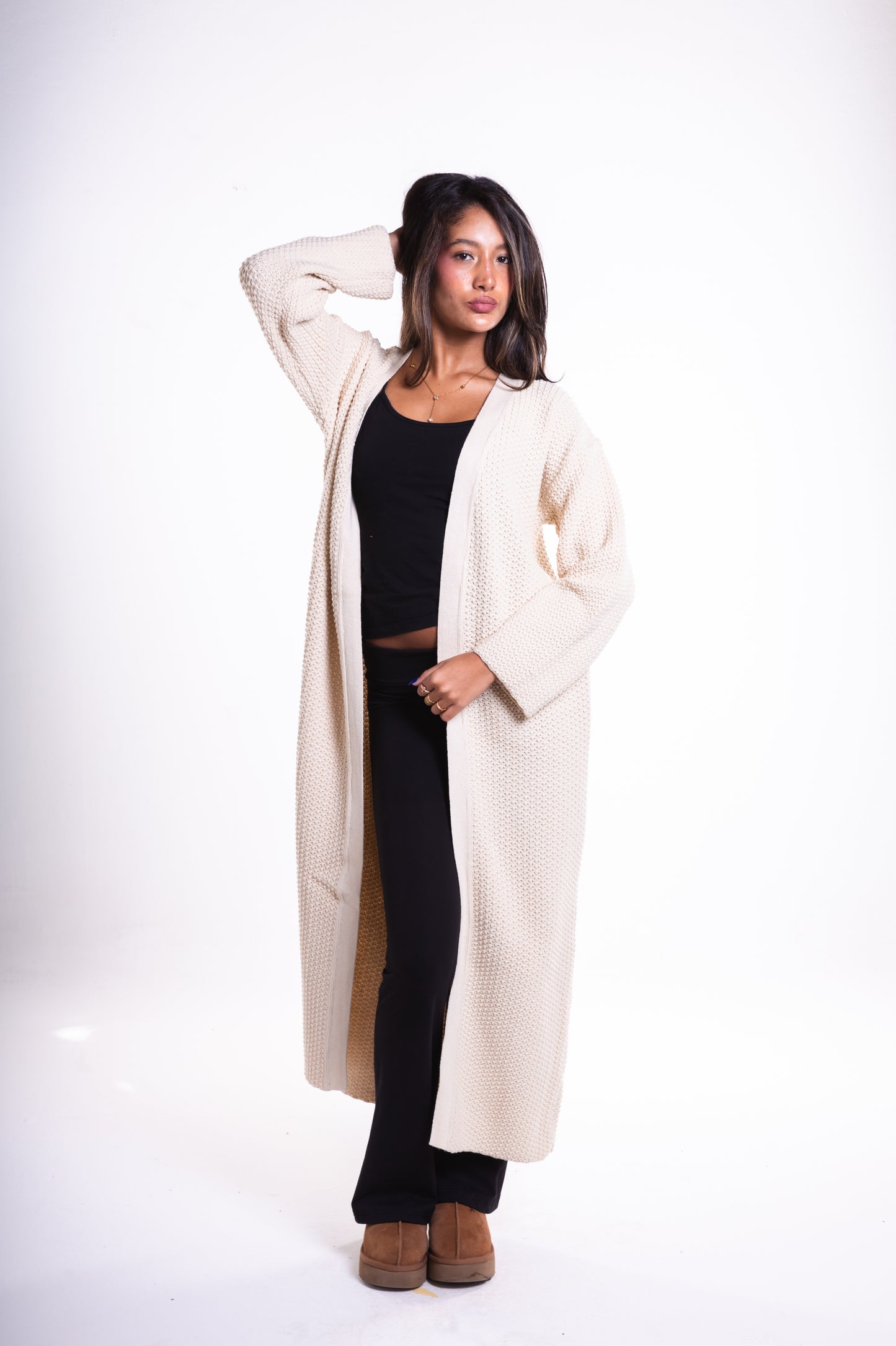 Beige Long Puffy Cardigan