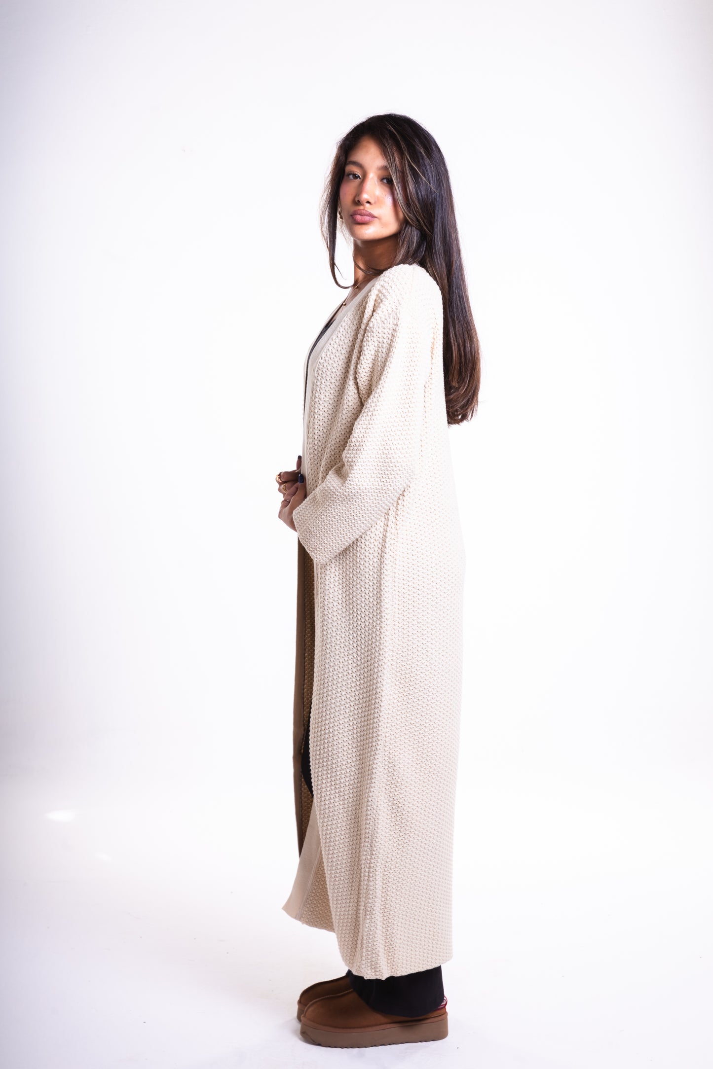 Beige Long Puffy Cardigan