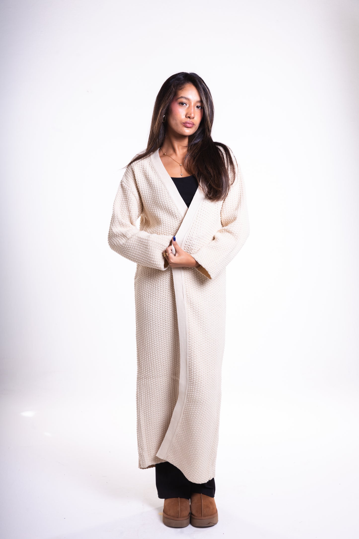 Beige Long Puffy Cardigan