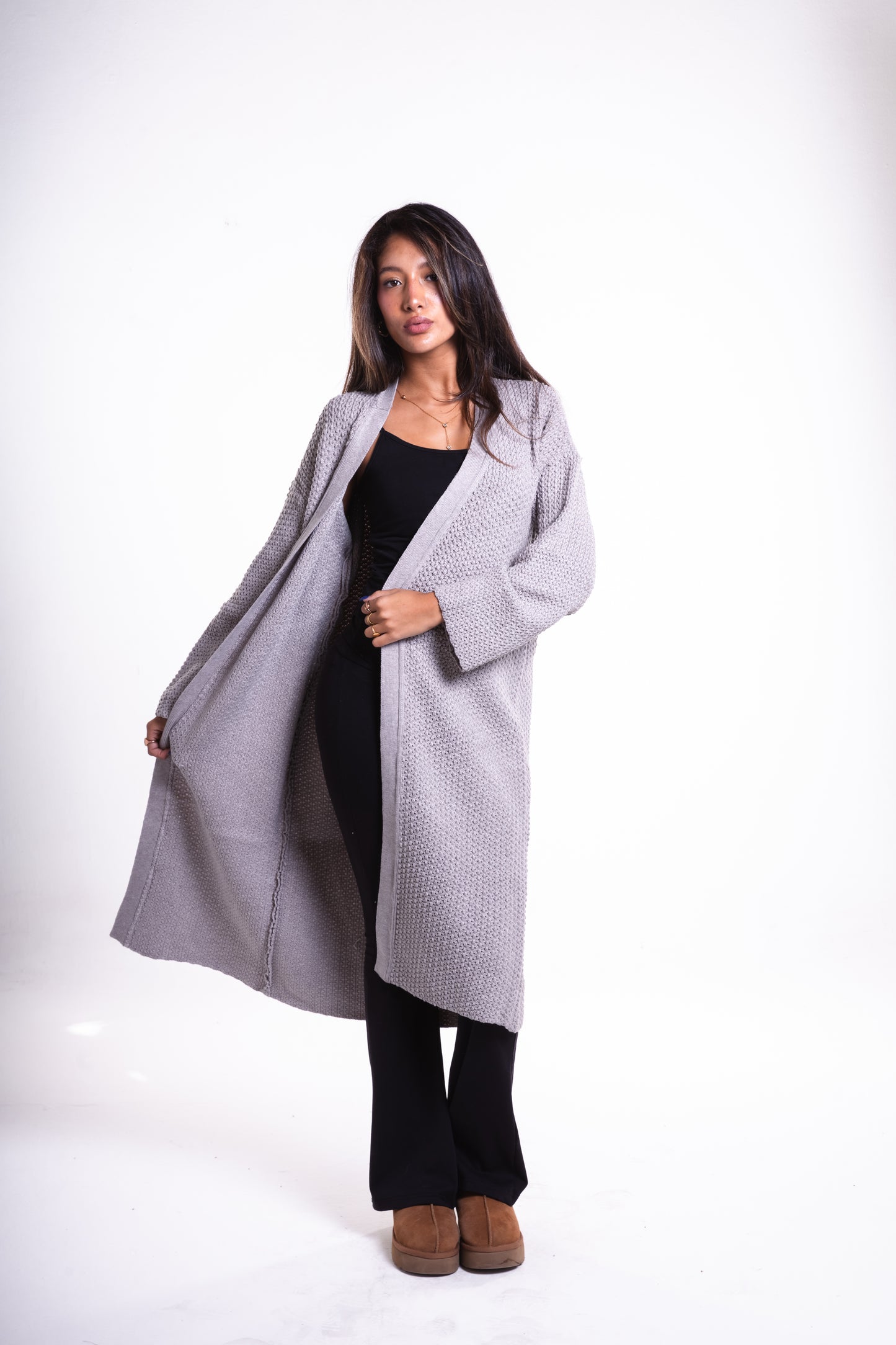 Grey Mid-Length Puffy Cardigan