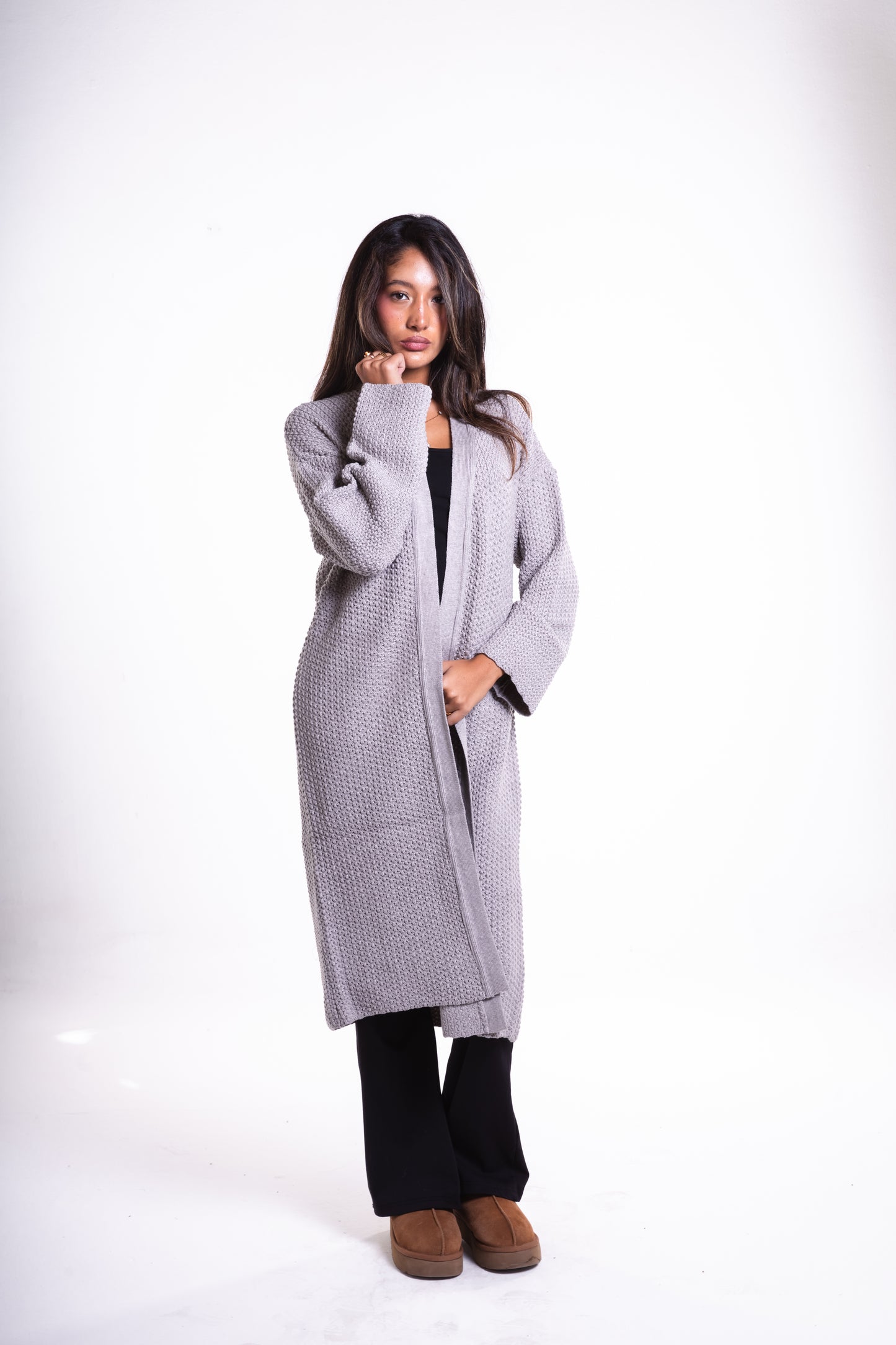 Grey Mid-Length Puffy Cardigan