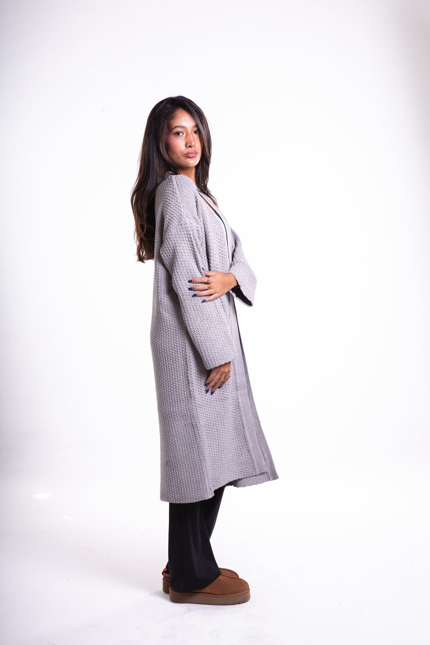 Grey Mid-Length Puffy Cardigan