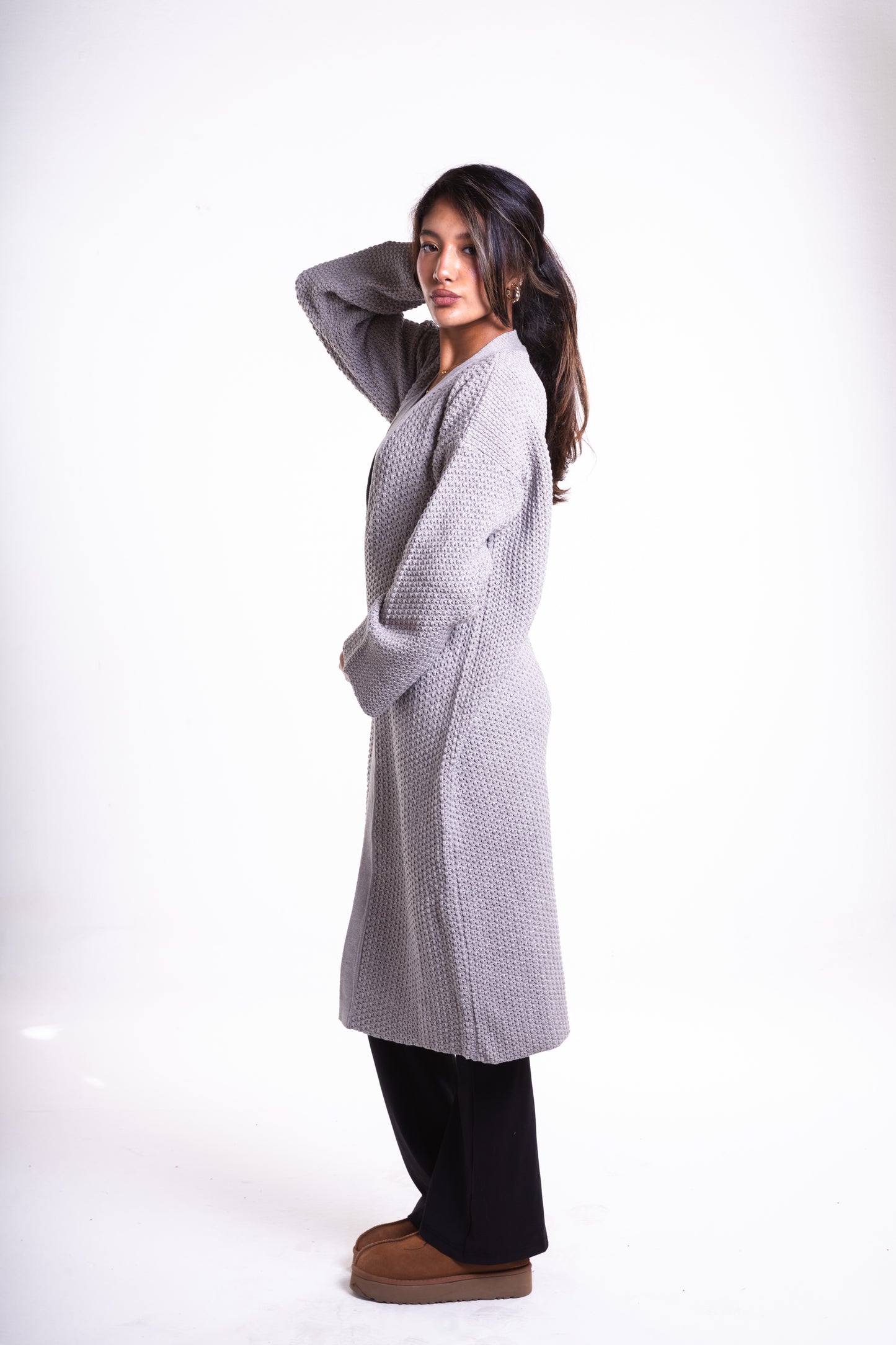 Grey Mid-Length Puffy Cardigan