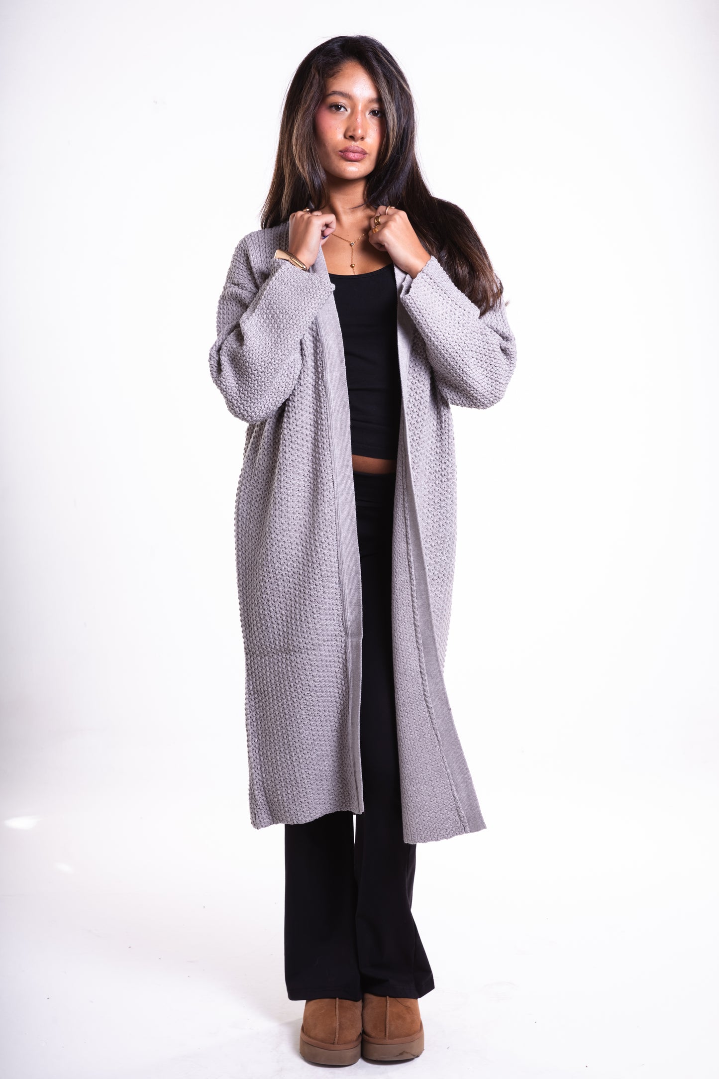 Grey Mid-Length Puffy Cardigan