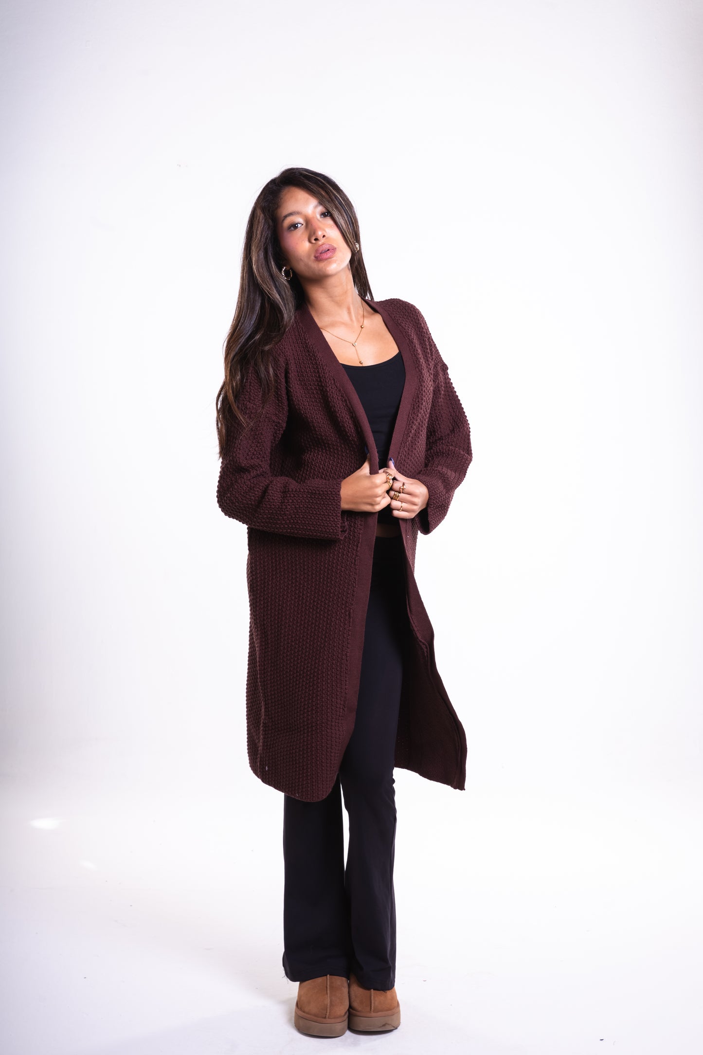 Brown Mid-Length Puffy Cardigan