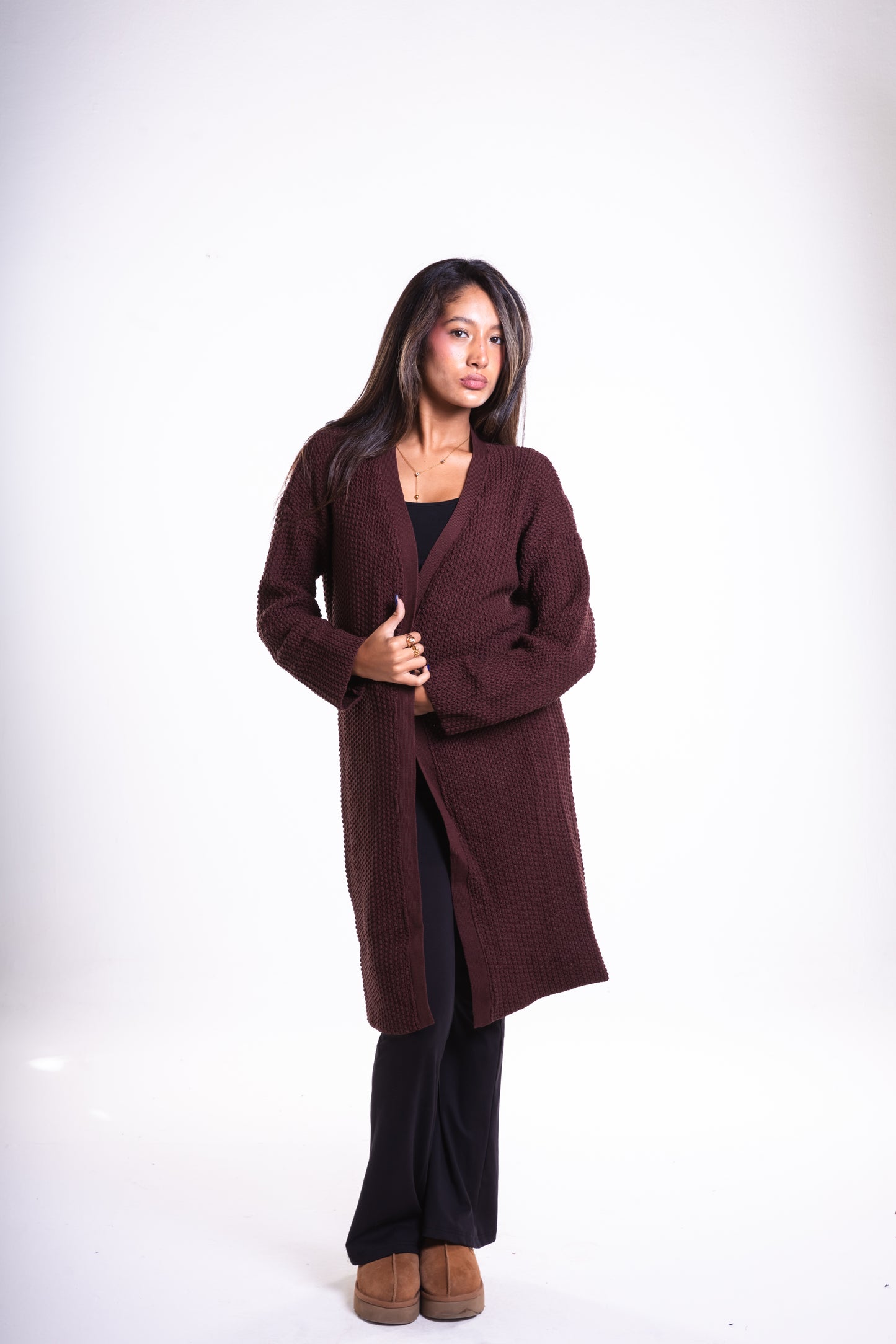 Brown Mid-Length Puffy Cardigan