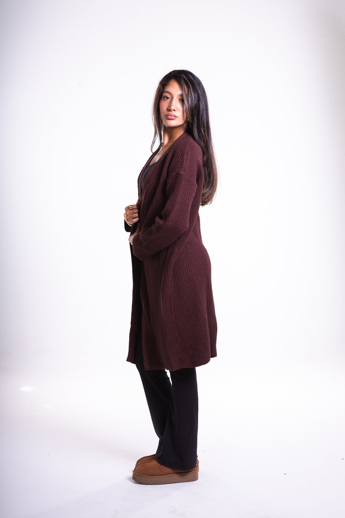 Brown Mid-Length Puffy Cardigan