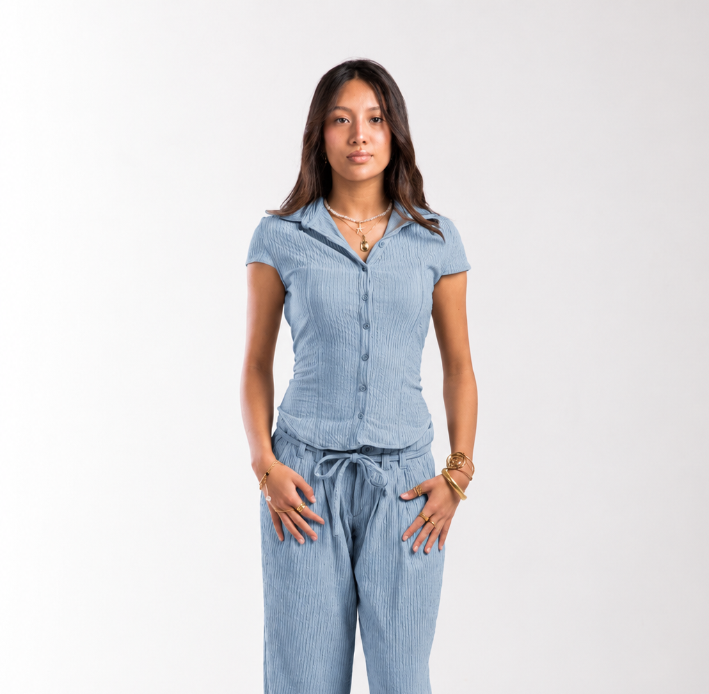 Dust Blue Crinkled Bow Belle Fit Shirt