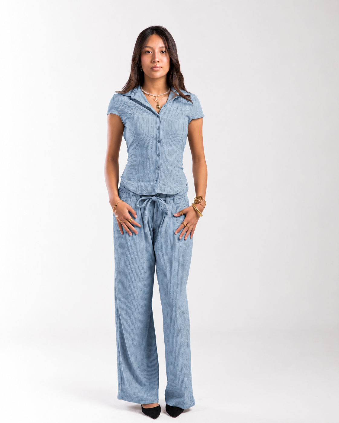 Dust Blue Crinkled Bow Belle Fit Shirt