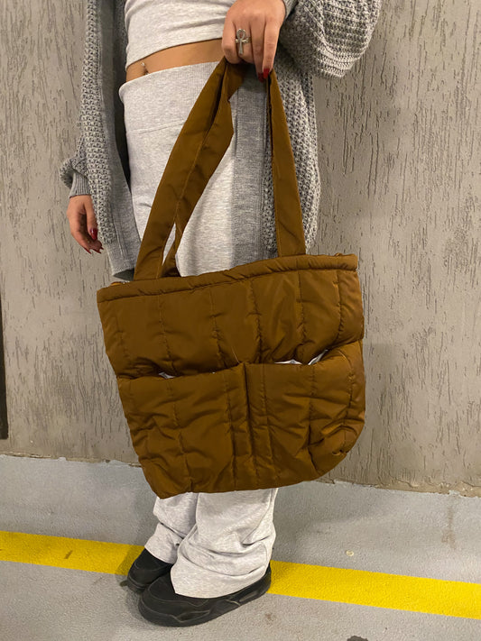 Dark Camel Puffer Bag (Pockets)