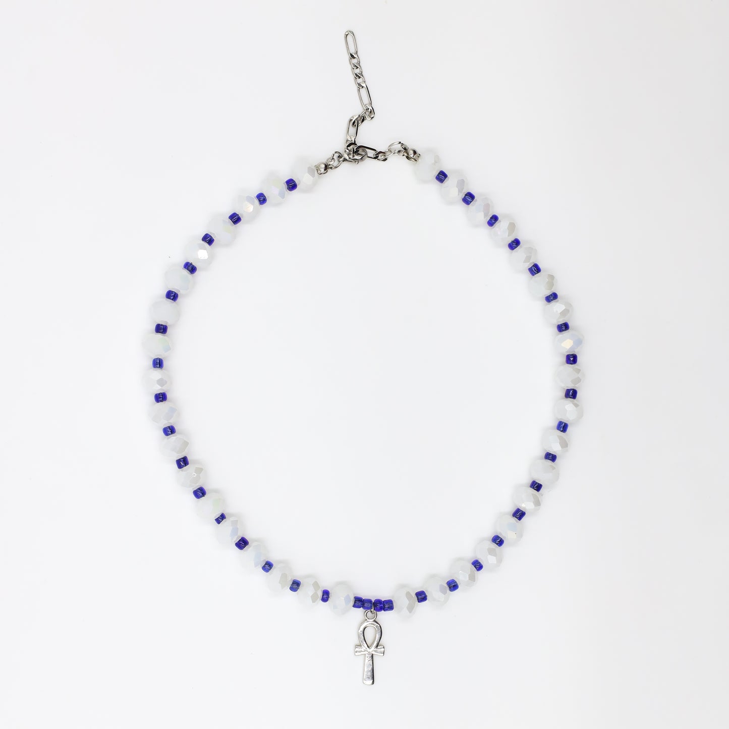 Royal Blue and White Key of Life Beaded Choker