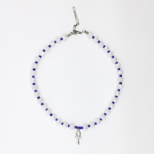 Royal Blue and White Key of Life Beaded Choker