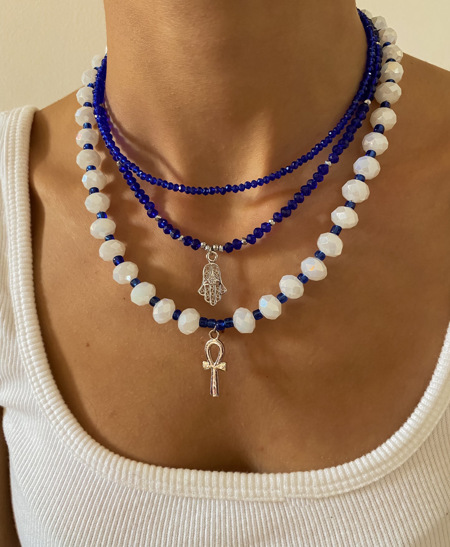 Royal Blue and White Key of Life Beaded Choker